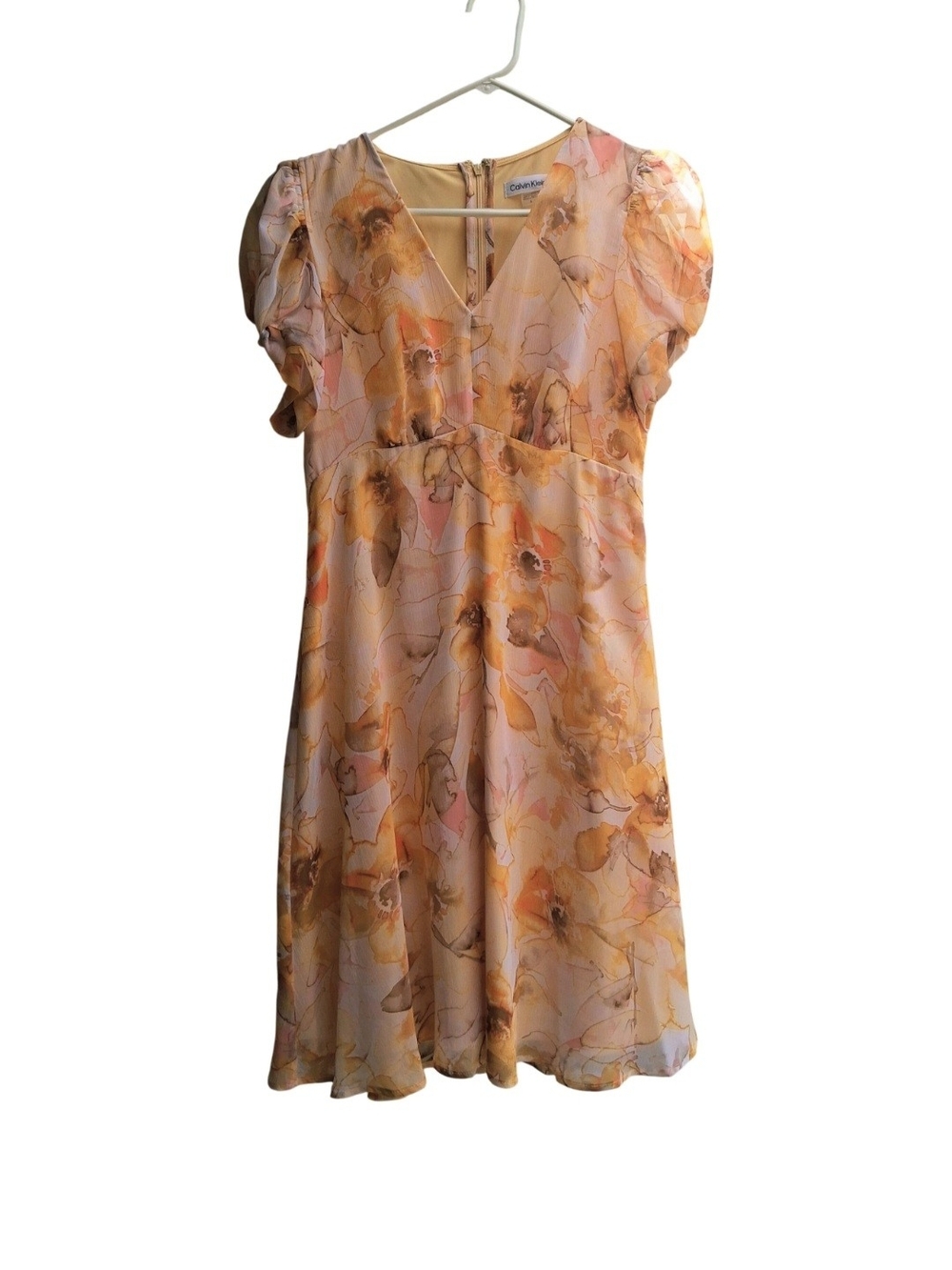 Calvin Klein Peach Floral Chiffon V-Neck Dress          Size 4